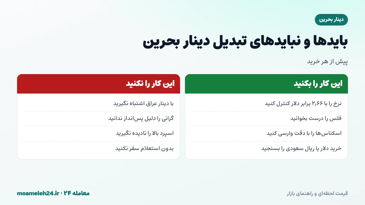 اینفوگرافیک بایدها و نبایدهای تبدیل دینار بحرین به تومان؛ کنترل با ۲٫۶۶ برابر دلار، تمایز از دینار عراق، خواندن درست فلس و پرهیز از پس انداز به دلیل گرانی