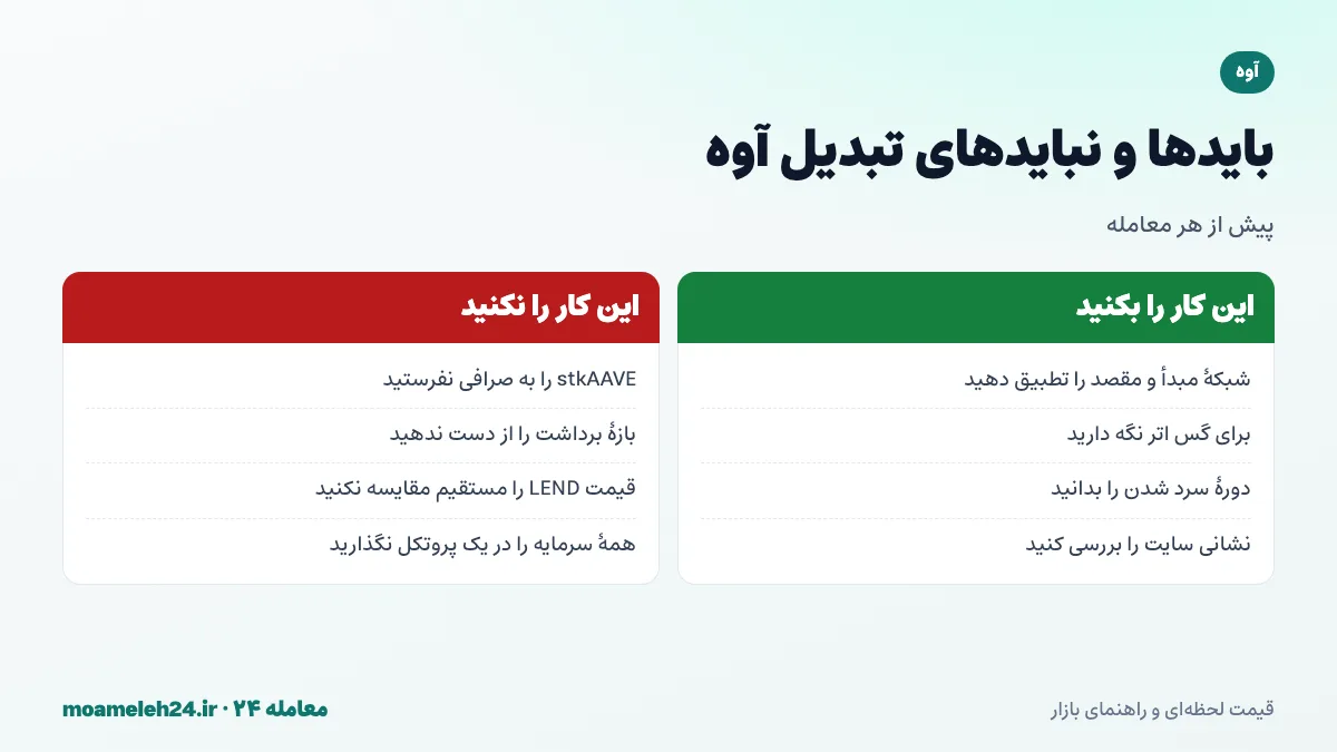 اینفوگرافیک بایدها و نبایدهای تبدیل آوه؛ تطبیق شبکه، نگه داشتن اتر برای گس، توجه به دوره سرد شدن استیکینگ و دوری از وب سایت های جعلی آوه