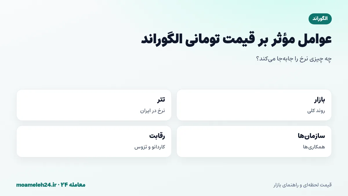 اینفوگرافیک عوامل موثر بر قیمت تومانی الگوراند؛ روند بازار رمزارز، نرخ تتر، همکاری های سازمانی، فعالیت اکوسیستم و رقابت با کاردانو و تزوس