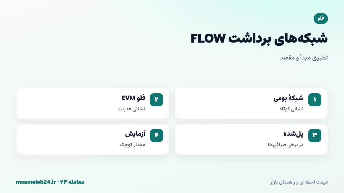اینفوگرافیک شبکه های برداشت FLOW؛ شبکه بومی فلو با آدرس شانزده کاراکتری، فلو EVM با آدرس 0x چهل کاراکتری، نسخه های پل شده و تطبیق مبدأ و مقصد