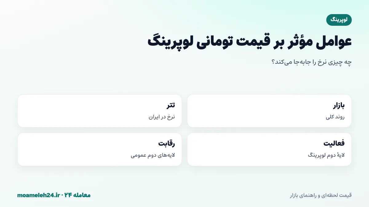 اینفوگرافیک عوامل موثر بر قیمت تومانی لوپرینگ؛ روند بازار رمزارز، نرخ تتر، فعالیت لایه دوم لوپرینگ، رقابت لایه های دوم و رویدادهای امنیتی