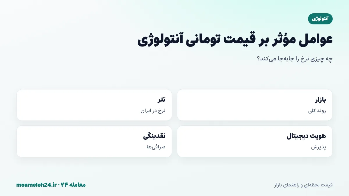 اینفوگرافیک عوامل موثر بر قیمت تومانی آنتولوژی؛ روند بازار رمزارز، نرخ تتر، پذیرش هویت دیجیتال، همکاری های سازمانی و نقدینگی در صرافی ها