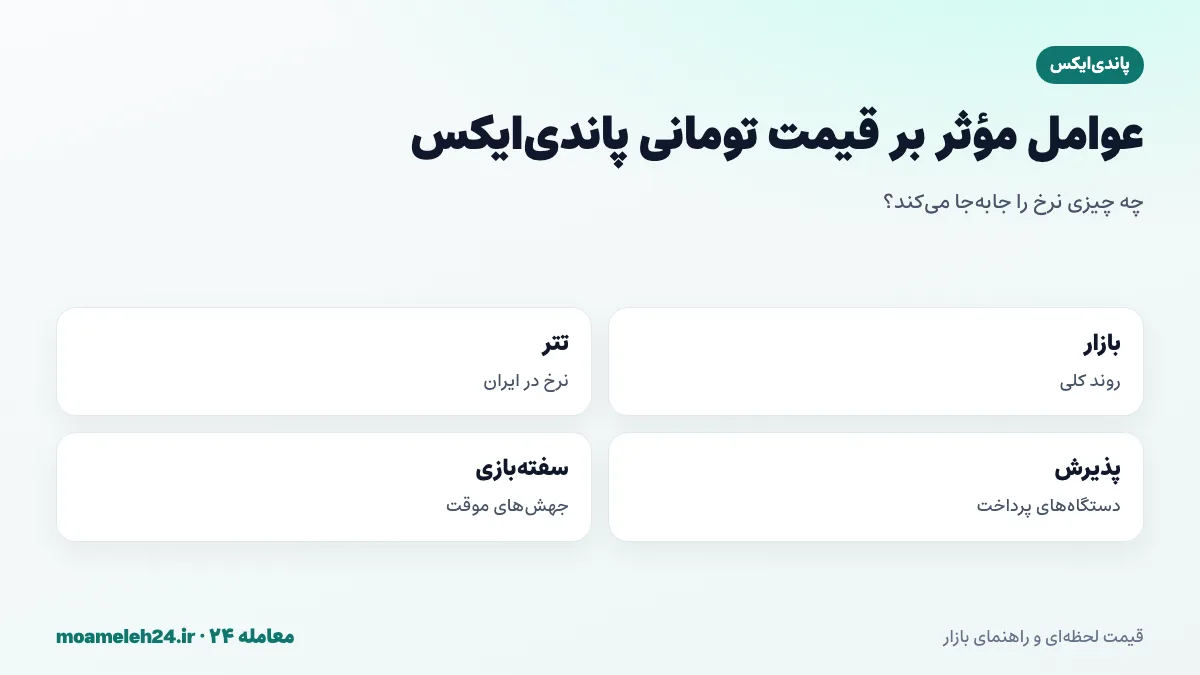 اینفوگرافیک عوامل موثر بر قیمت تومانی پاندی ایکس؛ روند بازار رمزارز، نرخ تتر، پذیرش دستگاه های پرداخت، فعالیت اکوسیستم و جریان های سفته بازانه