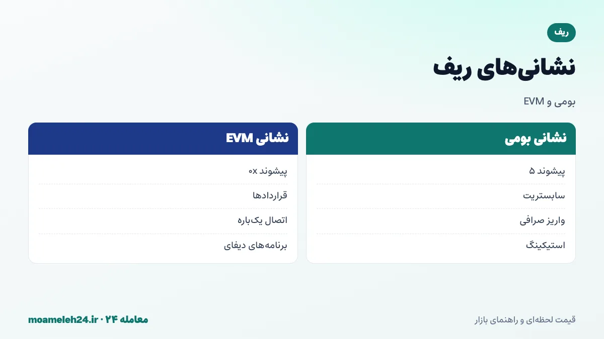 اینفوگرافیک نشانی های ریف؛ نشانی بومی سابستریت با پیشوند ۵، نشانی EVM با 0x، اتصال یک باره دو نشانی و استفاده صرافی از نشانی بومی