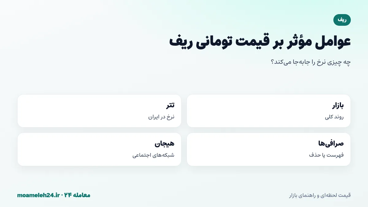 اینفوگرافیک عوامل موثر بر قیمت تومانی ریف؛ روند بازار، نرخ تتر، فهرست شدن در صرافی ها، هیجان شبکه های اجتماعی و آزادسازی توکن