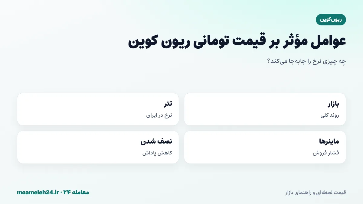 اینفوگرافیک عوامل موثر بر قیمت تومانی ریون کوین؛ روند بازار، نرخ تتر، سودآوری استخراج گرافیکی، فشار فروش ماینرها و نصف شدن پاداش