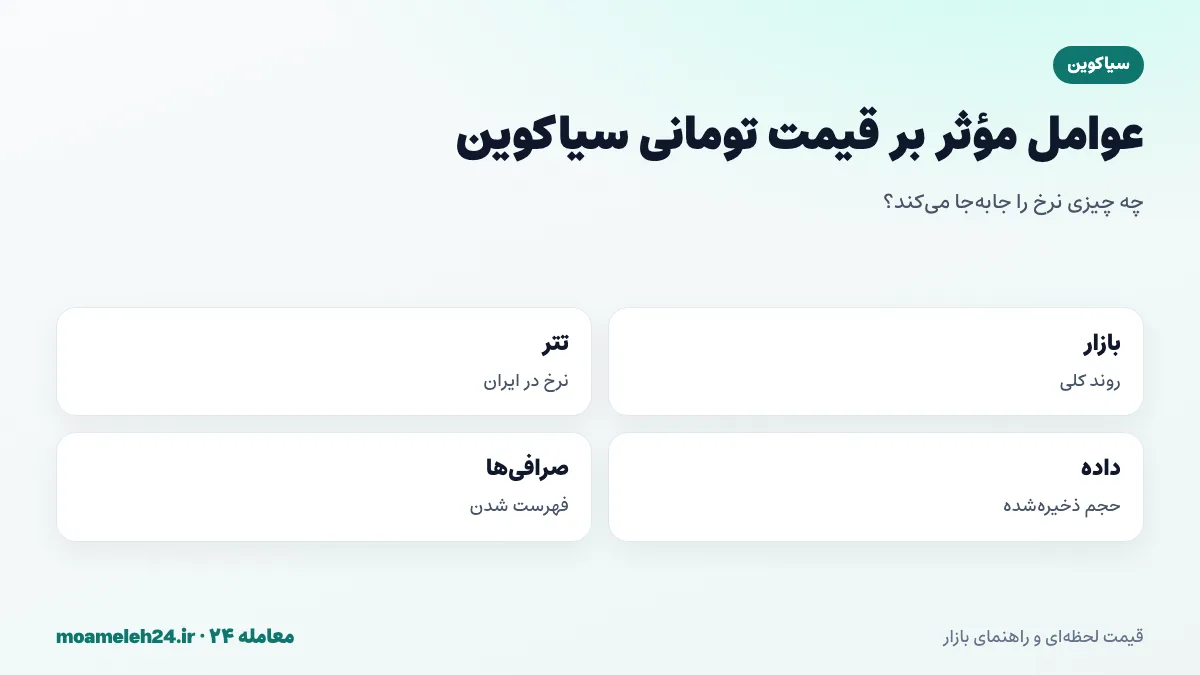 اینفوگرافیک عوامل موثر بر قیمت تومانی سیاکوین؛ روند بازار، نرخ تتر، حجم داده ذخیره شده، روایت ذخیره سازی و فهرست شدن در صرافی ها