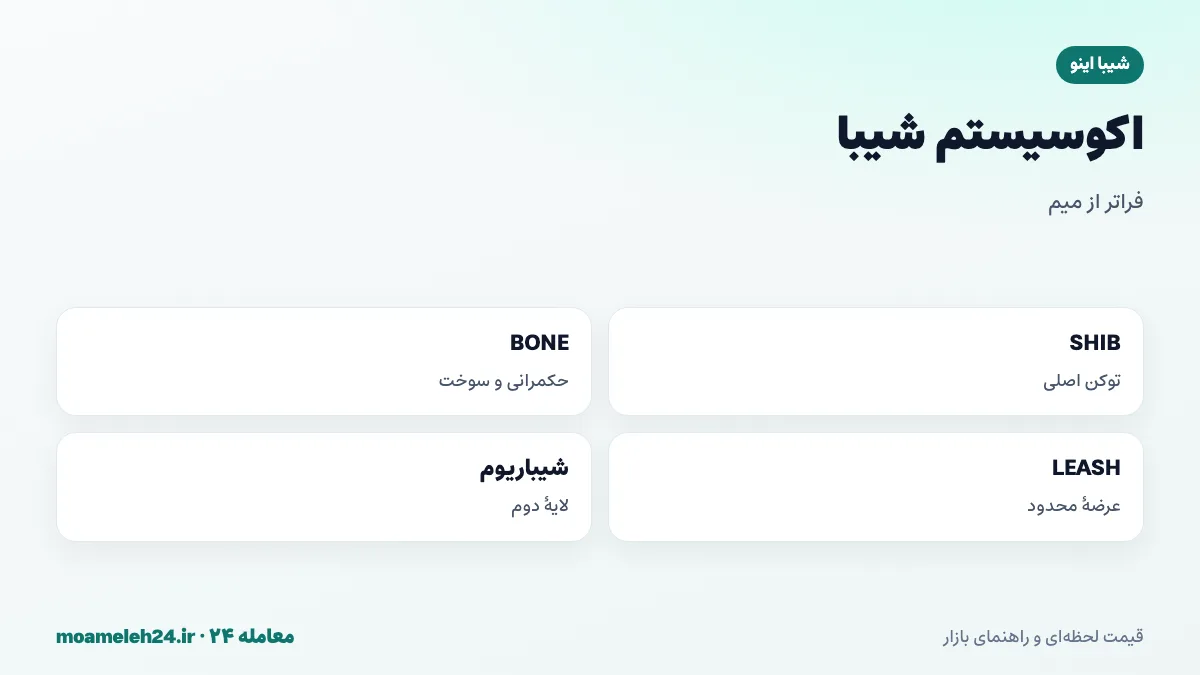 اینفوگرافیک اکوسیستم شیبا؛ توکن SHIB، توکن حکمرانی BONE، توکن کمیاب LEASH، صرافی غیرمتمرکز شیبا سواپ و لایه دوم شیباریوم