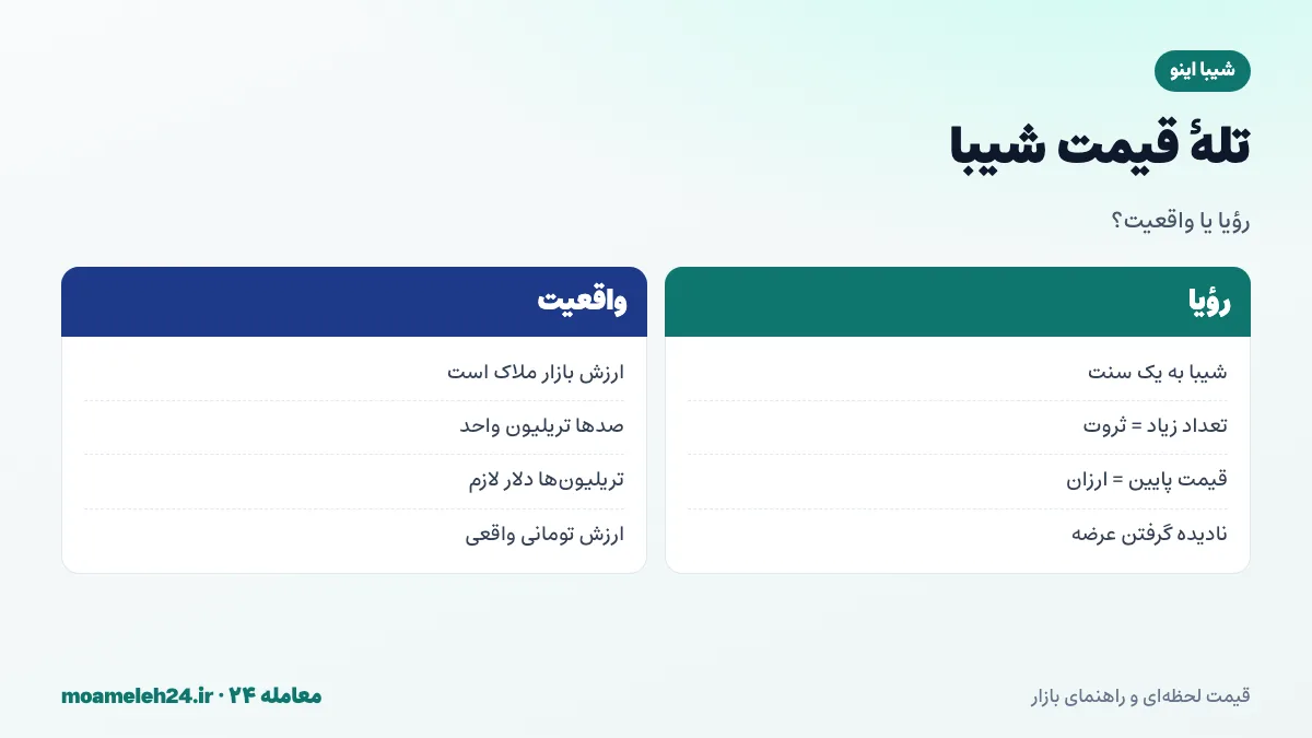 اینفوگرافیک تله قیمت شیبا؛ رؤیای رسیدن به یک سنت، ارزش بازار برابر قیمت ضرب در عرضه، صدها تریلیون واحد در گردش و ارزش بازار چند تریلیون دلاری مورد نیاز