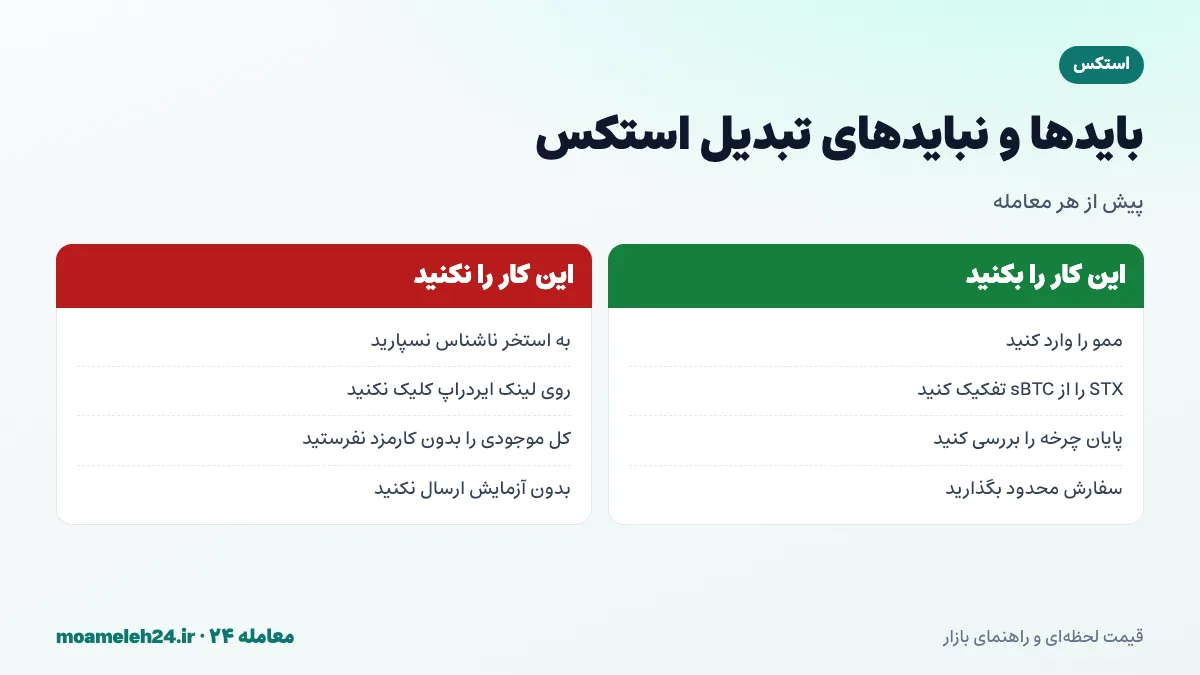اینفوگرافیک بایدها و نبایدهای تبدیل استکس؛ وارد کردن ممو، تفکیک STX از sBTC، بررسی پایان چرخه استکینگ و سفارش محدود