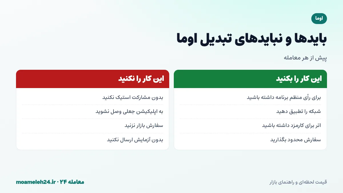 اینفوگرافیک بایدها و نبایدهای تبدیل اوما؛ برنامه برای رأی گیری منظم، تطبیق شبکه، اتر برای کارمزد و پرهیز از اپلیکیشن جعلی