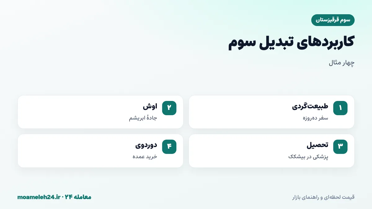 اینفوگرافیک مثال های تبدیل سوم قرقیزستان؛ سفر طبیعت گردی ده روزه، بازدید از اوش و جاده ابریشم، تحصیل پزشکی در بیشکک و خرید از بازار دوردوی