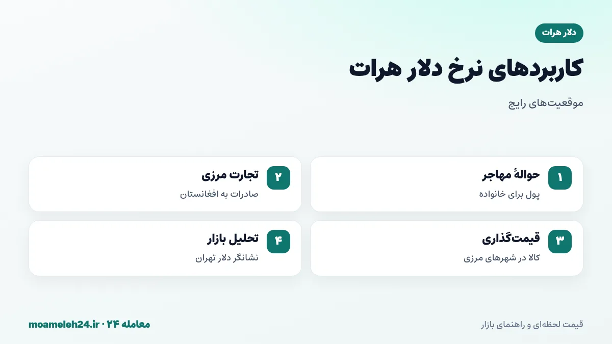 اینفوگرافیک مثال های تبدیل دلار هرات؛ حواله مهاجر به خانواده، تجارت مرزی، قیمت گذاری کالای صادراتی و مقایسه با بازار تهران