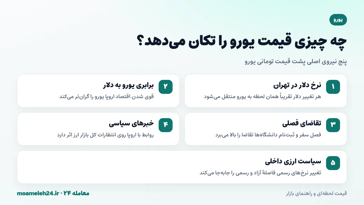 اینفوگرافیک عوامل مؤثر بر قیمت یورو در ایران؛ نرخ دلار، برابری یورو به دلار، تقاضای فصلی، خبرهای سیاسی و سیاست ارزی