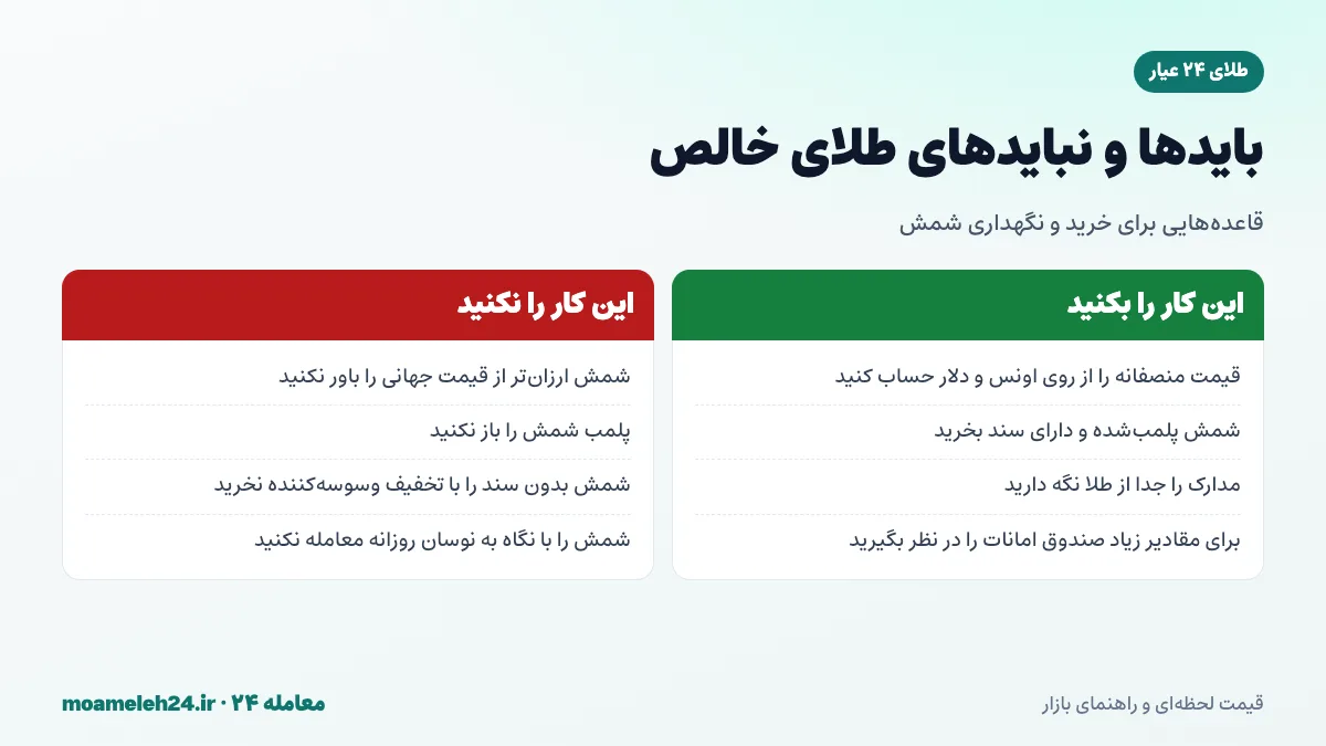 اینفوگرافیک بایدها و نبایدهای خرید و نگهداری طلای ۲۴ عیار و شمش طلا